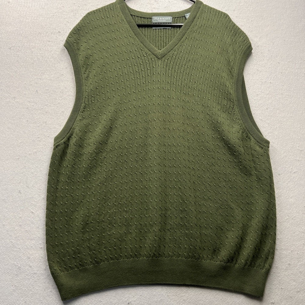 Lyle & Scott Scotland XL Combed Cotton Sweater Vest Green Textured V-Neck
